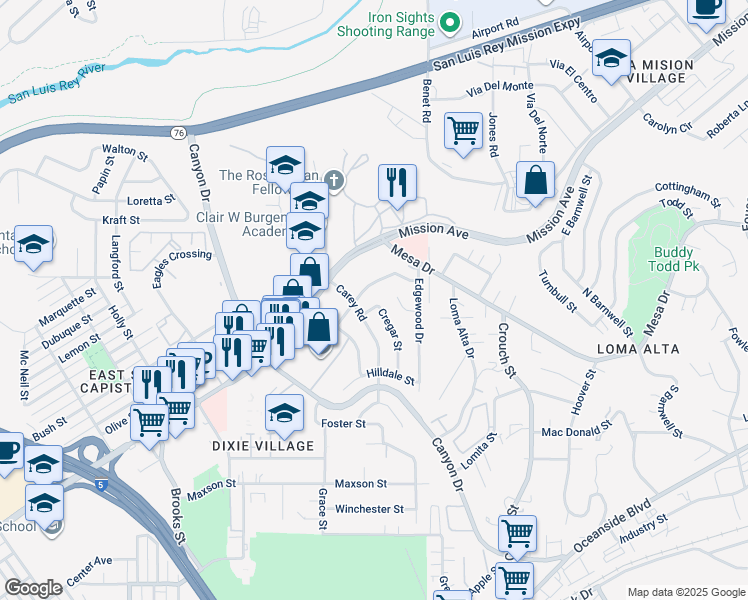 map of restaurants, bars, coffee shops, grocery stores, and more near 112 Cregar Street in Oceanside