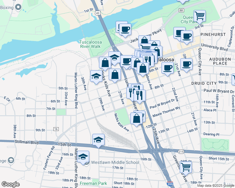 map of restaurants, bars, coffee shops, grocery stores, and more near 2703 7th Street in Tuscaloosa