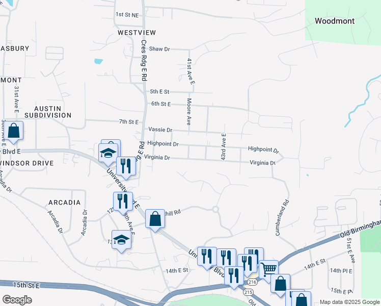 map of restaurants, bars, coffee shops, grocery stores, and more near 815 41st Avenue East in Tuscaloosa