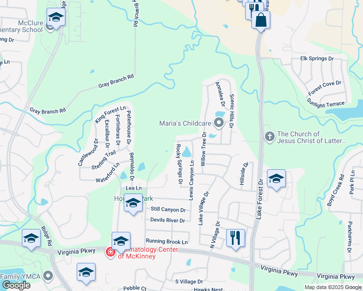 map of restaurants, bars, coffee shops, grocery stores, and more near 800 Rocky Springs Drive in McKinney