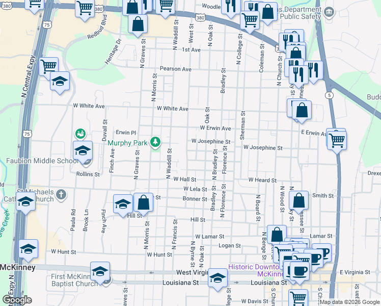 map of restaurants, bars, coffee shops, grocery stores, and more near 1009 West Josephine Street in McKinney
