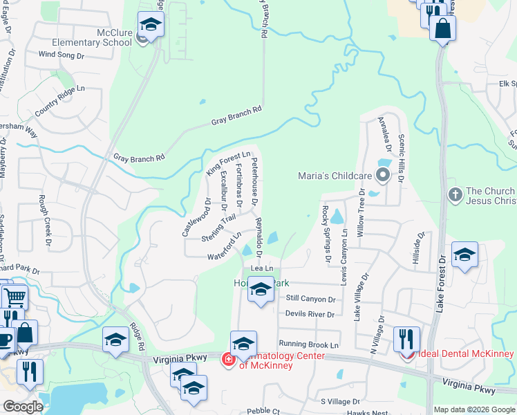 map of restaurants, bars, coffee shops, grocery stores, and more near 504 Peterhouse Drive in McKinney