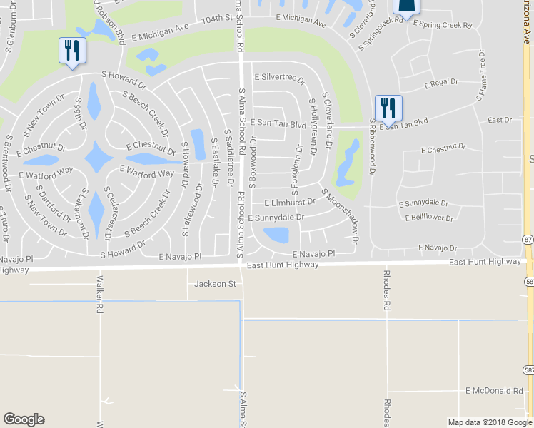 map of restaurants, bars, coffee shops, grocery stores, and more near 10430 East Sunnydale Drive in Chandler