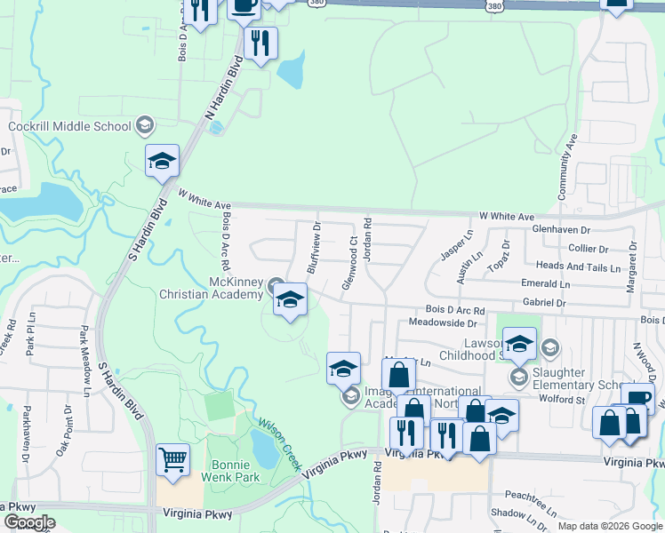 map of restaurants, bars, coffee shops, grocery stores, and more near 3409 Ivy Glen Drive in McKinney