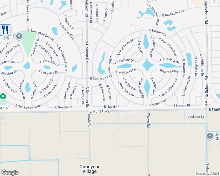 map of restaurants, bars, coffee shops, grocery stores, and more near 26409 South Truro Drive in Sun Lakes