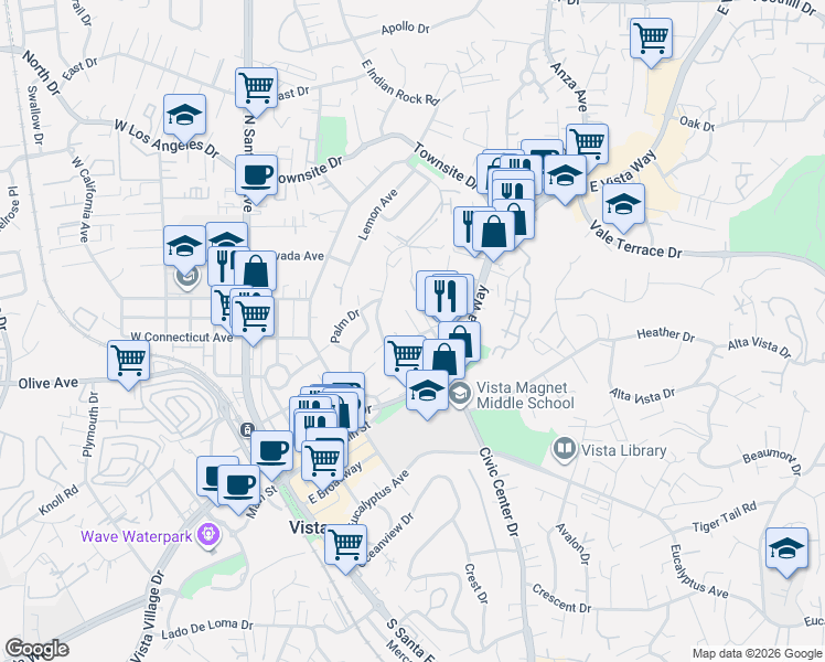 map of restaurants, bars, coffee shops, grocery stores, and more near 221 Ardys Place in Vista
