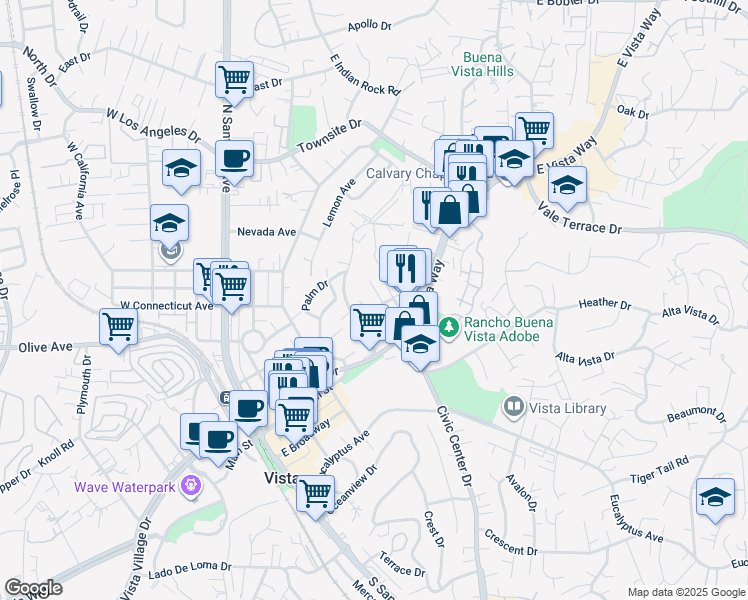 map of restaurants, bars, coffee shops, grocery stores, and more near 221 Ardys Place in Vista