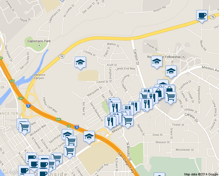 map of restaurants, bars, coffee shops, grocery stores, and more near 912 Langford Street in Oceanside
