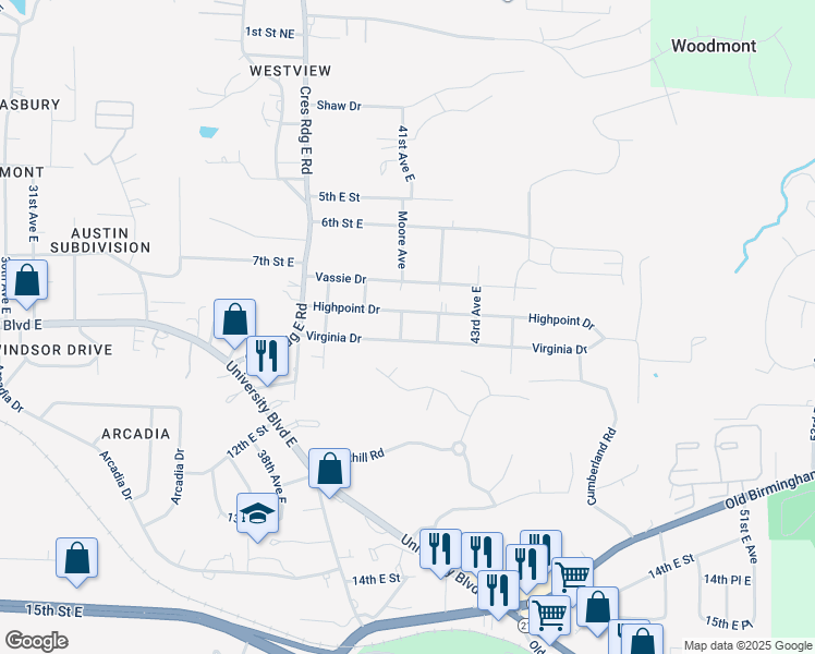 map of restaurants, bars, coffee shops, grocery stores, and more near 4216 Highpoint Drive in Tuscaloosa