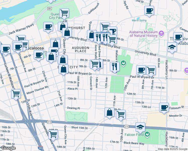 map of restaurants, bars, coffee shops, grocery stores, and more near 906 Red Drew Avenue in Tuscaloosa