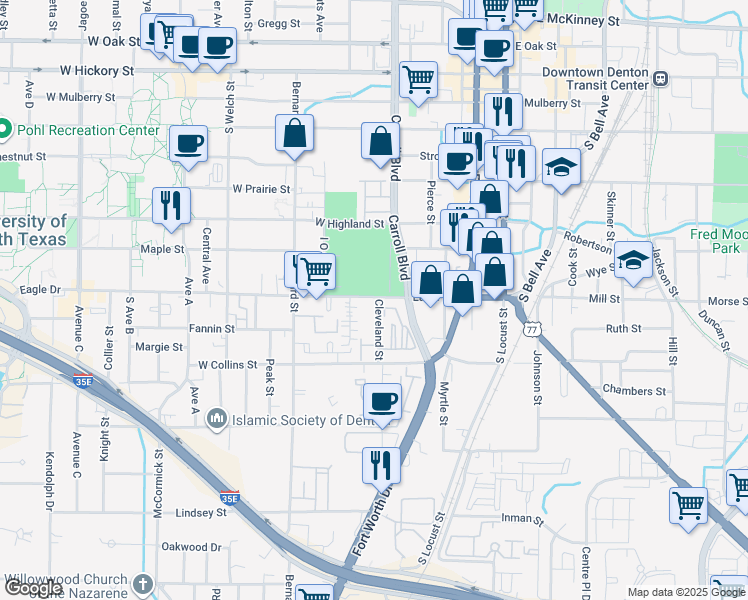 map of restaurants, bars, coffee shops, grocery stores, and more near 505 Eagle Drive in Denton