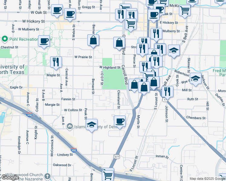 map of restaurants, bars, coffee shops, grocery stores, and more near 505 Eagle Drive in Denton