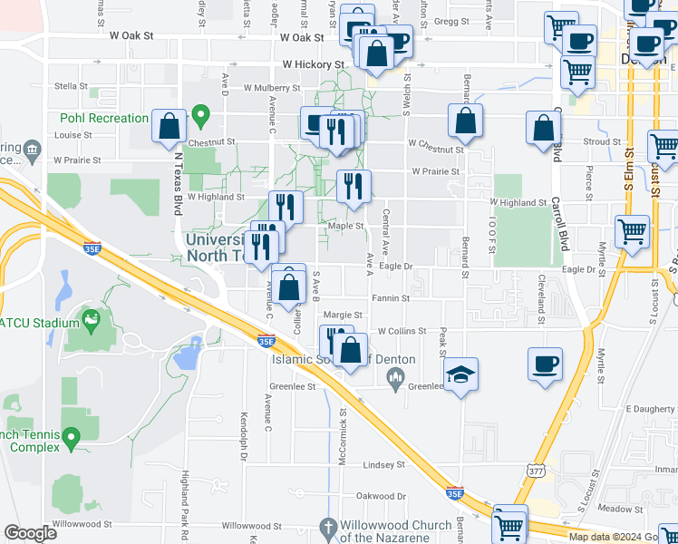 map of restaurants, bars, coffee shops, grocery stores, and more near 800 Avenue A in Denton