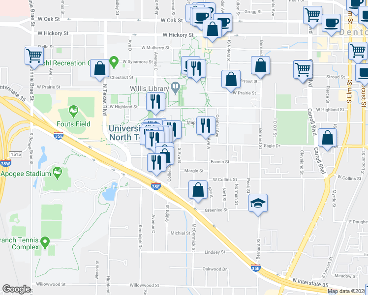 map of restaurants, bars, coffee shops, grocery stores, and more near 800 Avenue A in Denton