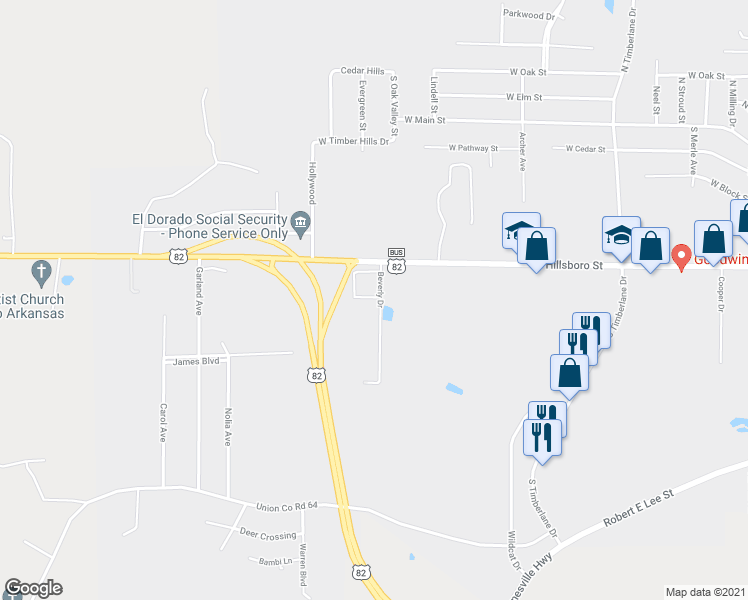 map of restaurants, bars, coffee shops, grocery stores, and more near 108 Beverly Drive in El Dorado