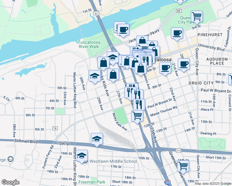 map of restaurants, bars, coffee shops, grocery stores, and more near 2703 7th Street in Tuscaloosa