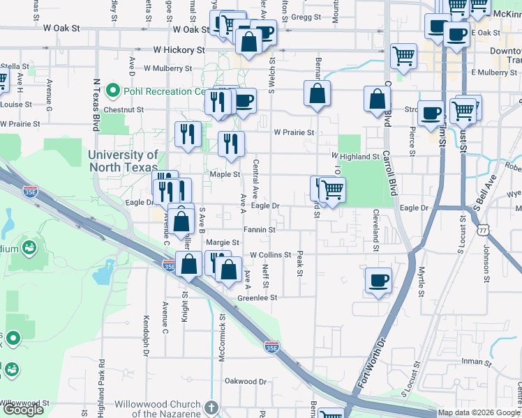 map of restaurants, bars, coffee shops, grocery stores, and more near 808 South Welch Street in Denton