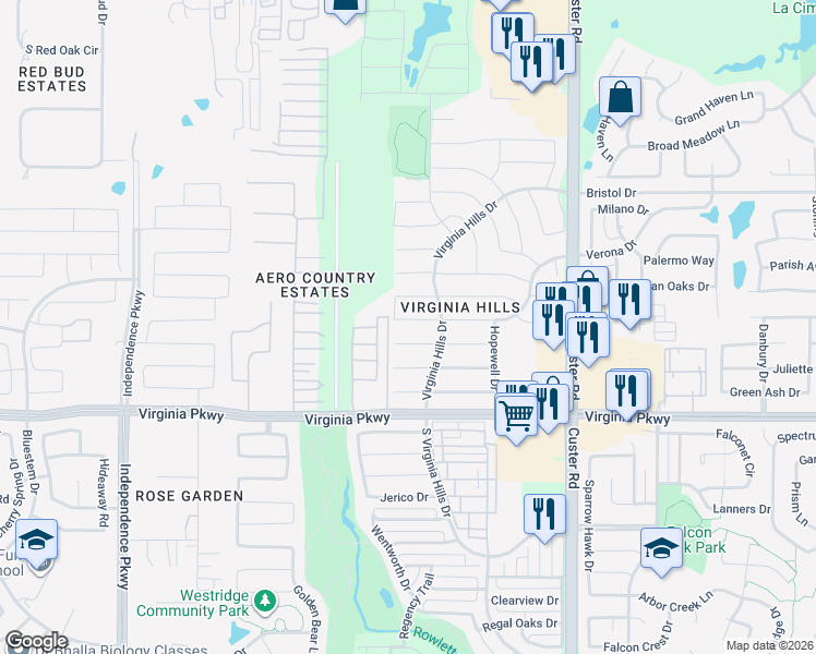 map of restaurants, bars, coffee shops, grocery stores, and more near 9329 Bedford Lane in McKinney
