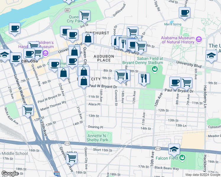 map of restaurants, bars, coffee shops, grocery stores, and more near 1505 Paul W. Bryant Drive in Tuscaloosa