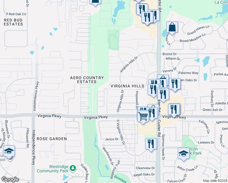map of restaurants, bars, coffee shops, grocery stores, and more near 9328 Bedford Lane in McKinney