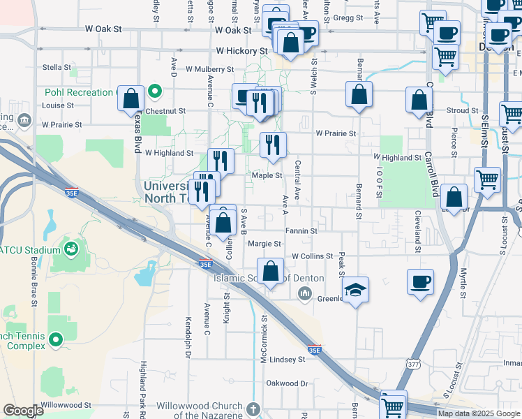 map of restaurants, bars, coffee shops, grocery stores, and more near 900 McCormick Street in Denton