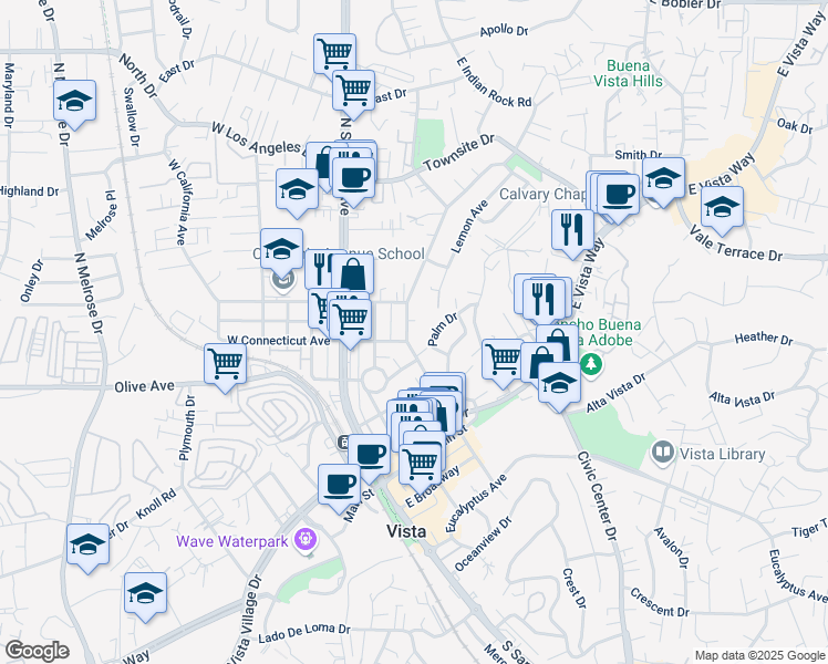 map of restaurants, bars, coffee shops, grocery stores, and more near 509 North Citrus Avenue in Vista