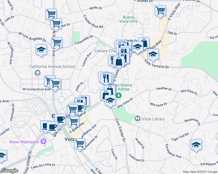 map of restaurants, bars, coffee shops, grocery stores, and more near 141 Hillside Terrace in Vista