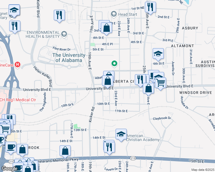 map of restaurants, bars, coffee shops, grocery stores, and more near 821 21st Avenue East in Tuscaloosa
