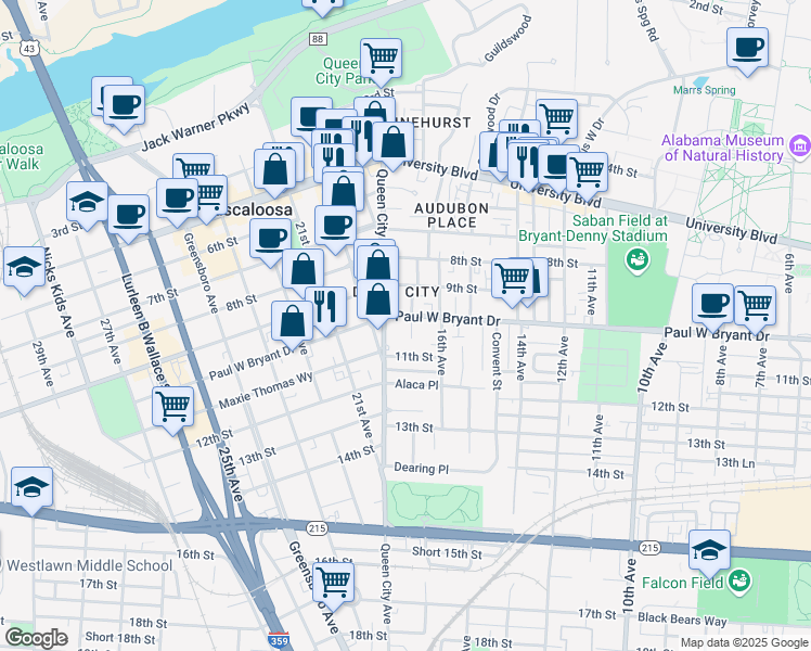 map of restaurants, bars, coffee shops, grocery stores, and more near in Tuscaloosa