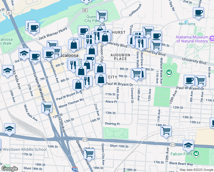 map of restaurants, bars, coffee shops, grocery stores, and more near in Tuscaloosa