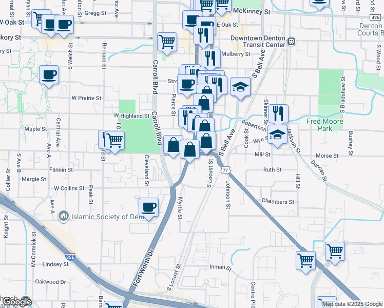 map of restaurants, bars, coffee shops, grocery stores, and more near 816 South Elm Street in Denton
