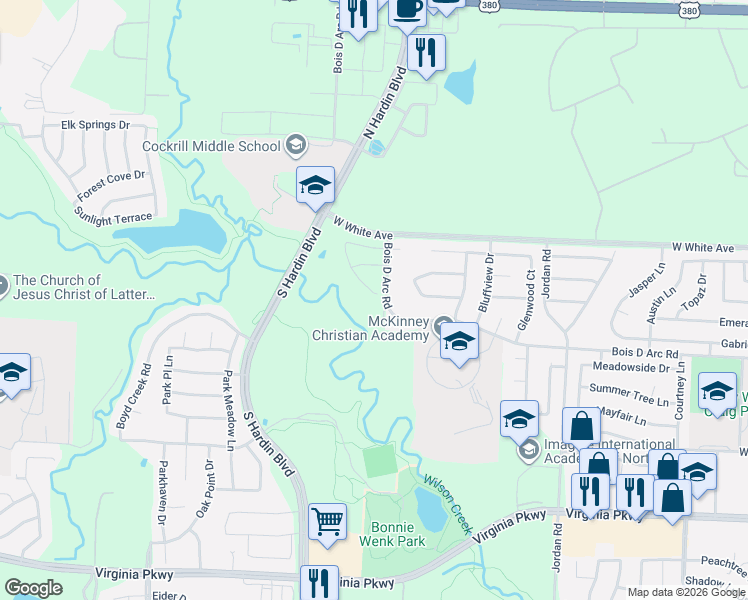 map of restaurants, bars, coffee shops, grocery stores, and more near 816 Hearthside Way in McKinney