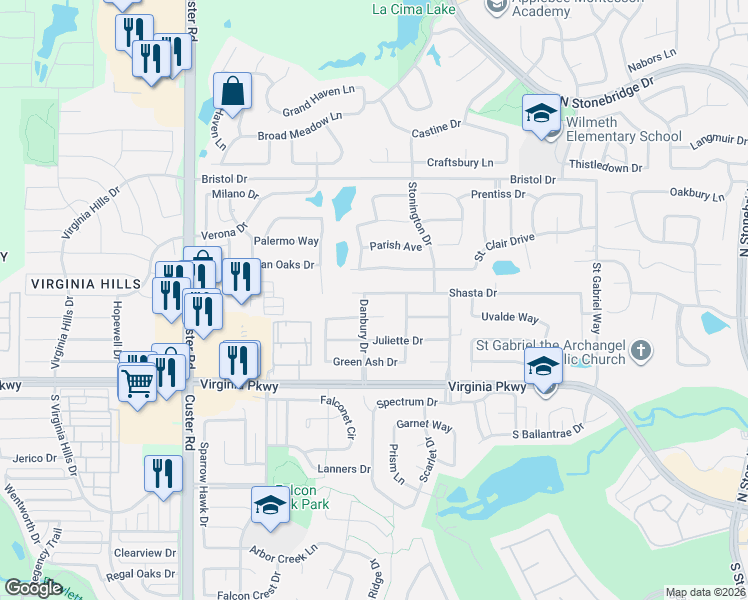 map of restaurants, bars, coffee shops, grocery stores, and more near 8216 Shasta Drive in McKinney