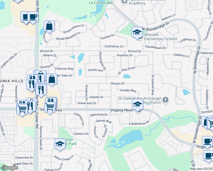 map of restaurants, bars, coffee shops, grocery stores, and more near 8009 Shasta Drive in McKinney