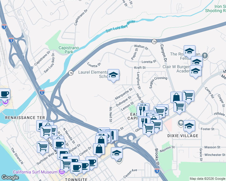 map of restaurants, bars, coffee shops, grocery stores, and more near 1410 Shoshone Street in Oceanside