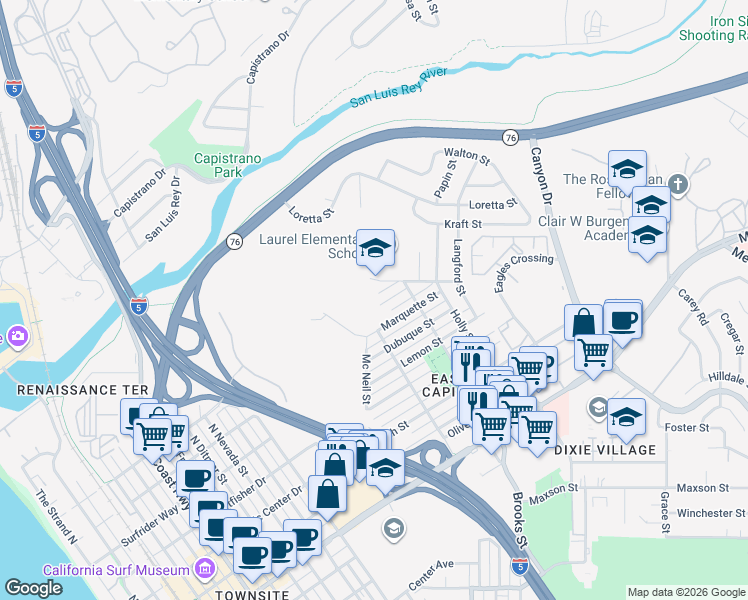 map of restaurants, bars, coffee shops, grocery stores, and more near 1410 Shoshone Street in Oceanside