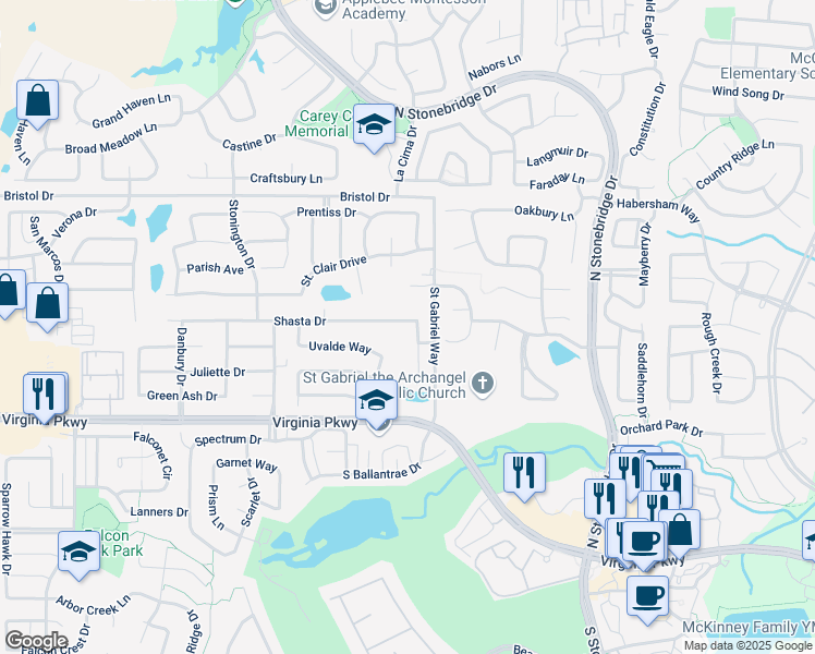 map of restaurants, bars, coffee shops, grocery stores, and more near 7516 Shasta Drive in McKinney