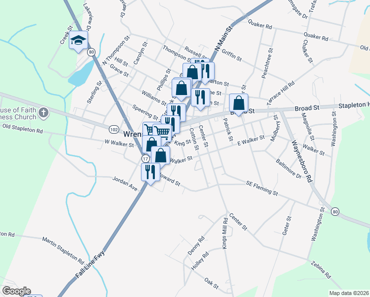 map of restaurants, bars, coffee shops, grocery stores, and more near 107 King Street in Wrens