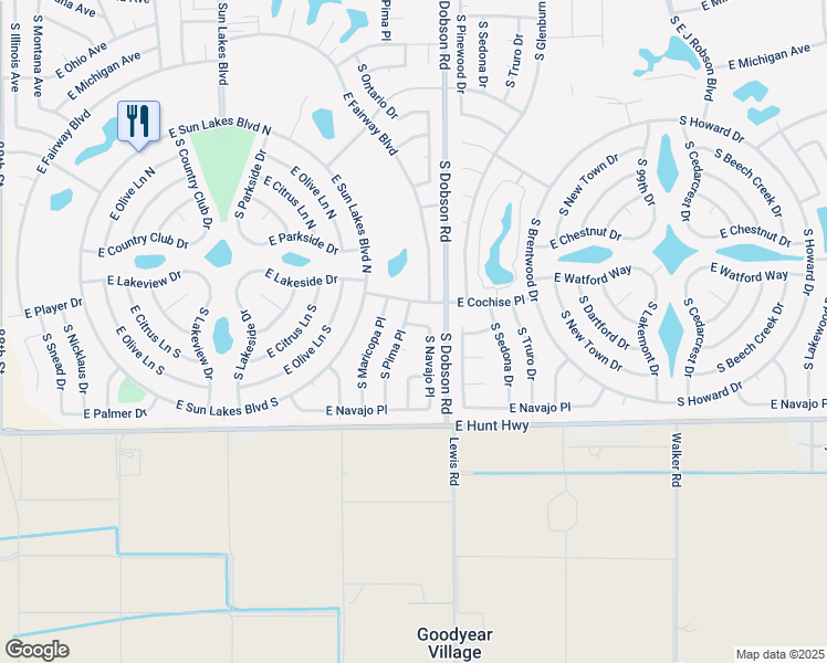 map of restaurants, bars, coffee shops, grocery stores, and more near 26416 South Pima Place in Sun Lakes