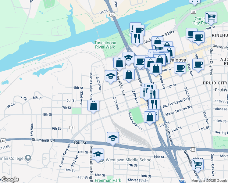 map of restaurants, bars, coffee shops, grocery stores, and more near 2819 6th St in Tuscaloosa