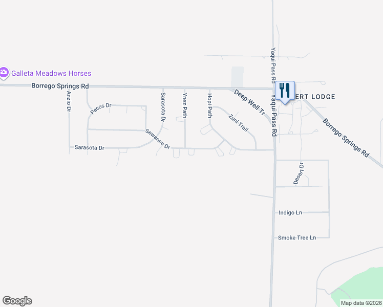 map of restaurants, bars, coffee shops, grocery stores, and more near 1557 Sewanee Drive in Borrego Springs