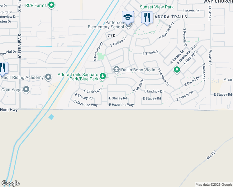 map of restaurants, bars, coffee shops, grocery stores, and more near 2168 East Lindrick Drive in Gilbert
