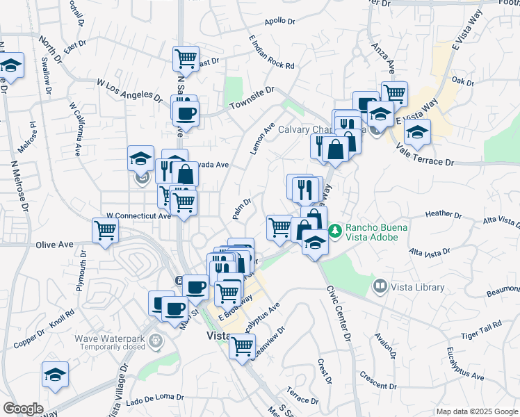 map of restaurants, bars, coffee shops, grocery stores, and more near 450 Hillside Terrace in Vista