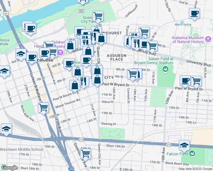 map of restaurants, bars, coffee shops, grocery stores, and more near in Tuscaloosa