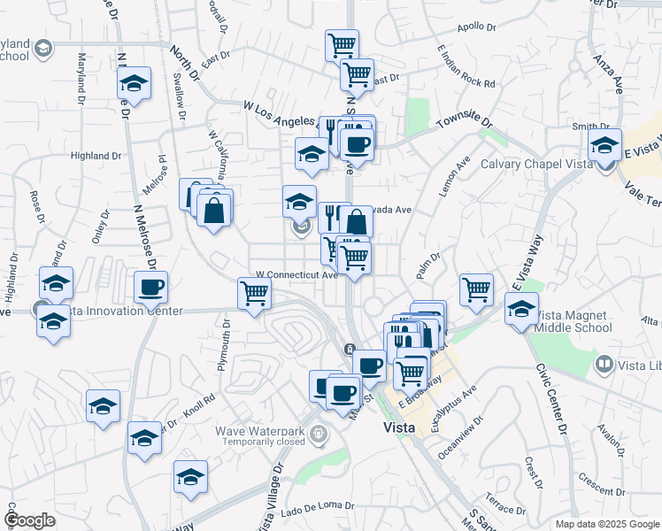 map of restaurants, bars, coffee shops, grocery stores, and more near 527 Redlands Street in Vista