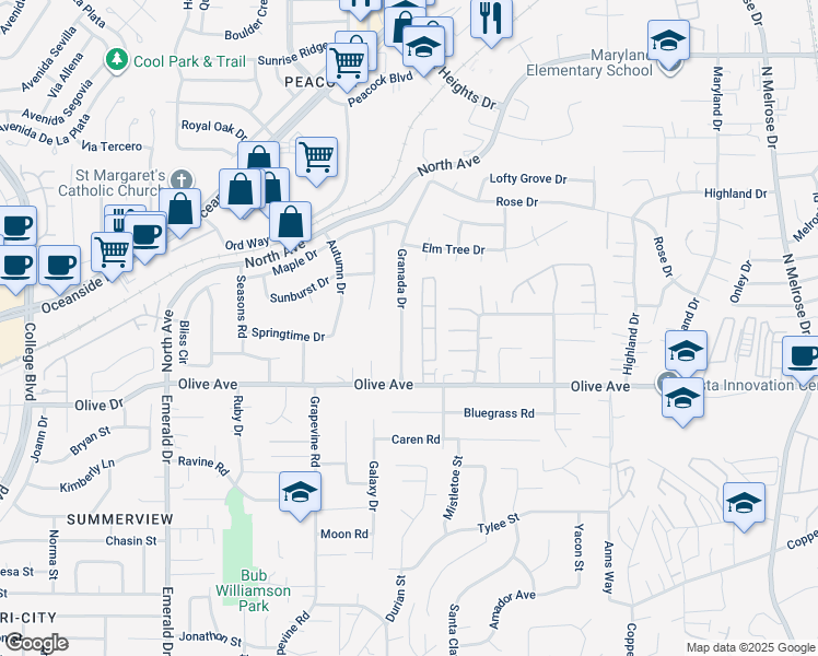 map of restaurants, bars, coffee shops, grocery stores, and more near 783 Granada Drive in Vista