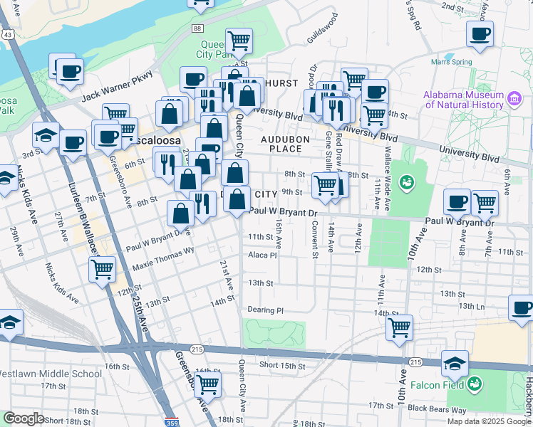 map of restaurants, bars, coffee shops, grocery stores, and more near 1611 Paul William Bryant Drive in Tuscaloosa