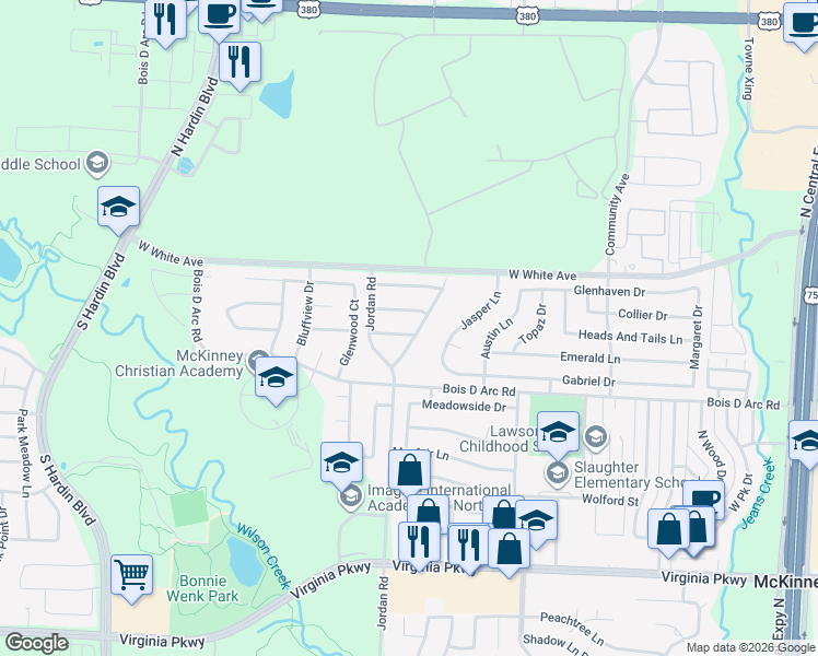 map of restaurants, bars, coffee shops, grocery stores, and more near 3304 Woodbluff Lane in McKinney
