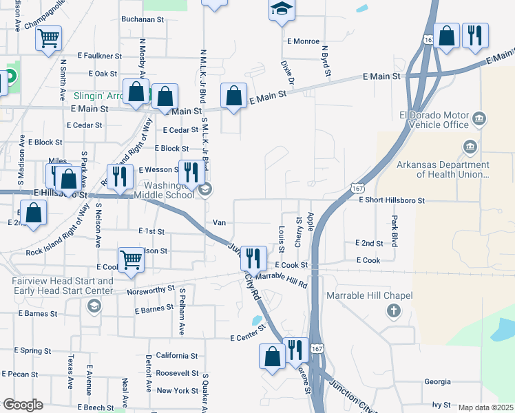 map of restaurants, bars, coffee shops, grocery stores, and more near 1603 East Short Hillsboro Street in El Dorado