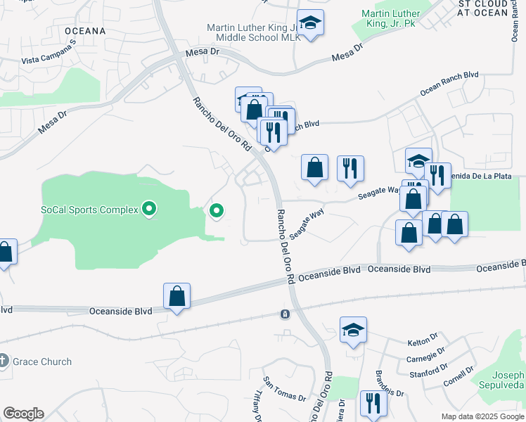 map of restaurants, bars, coffee shops, grocery stores, and more near 3546 Village Commercial Drive in Oceanside